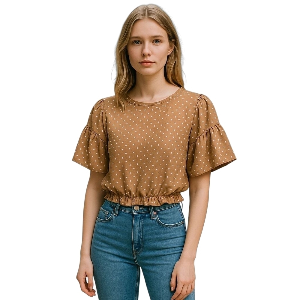 Boohoo Polka Dot Ruffle Sleeve Tan Top- 4